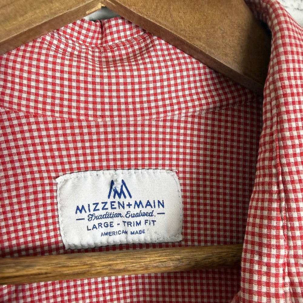 Mizzen+Main Men LARGE Trim Fit Micro Red Gingham Performance Dress Shirt Stretch - Picture 3 of 8
